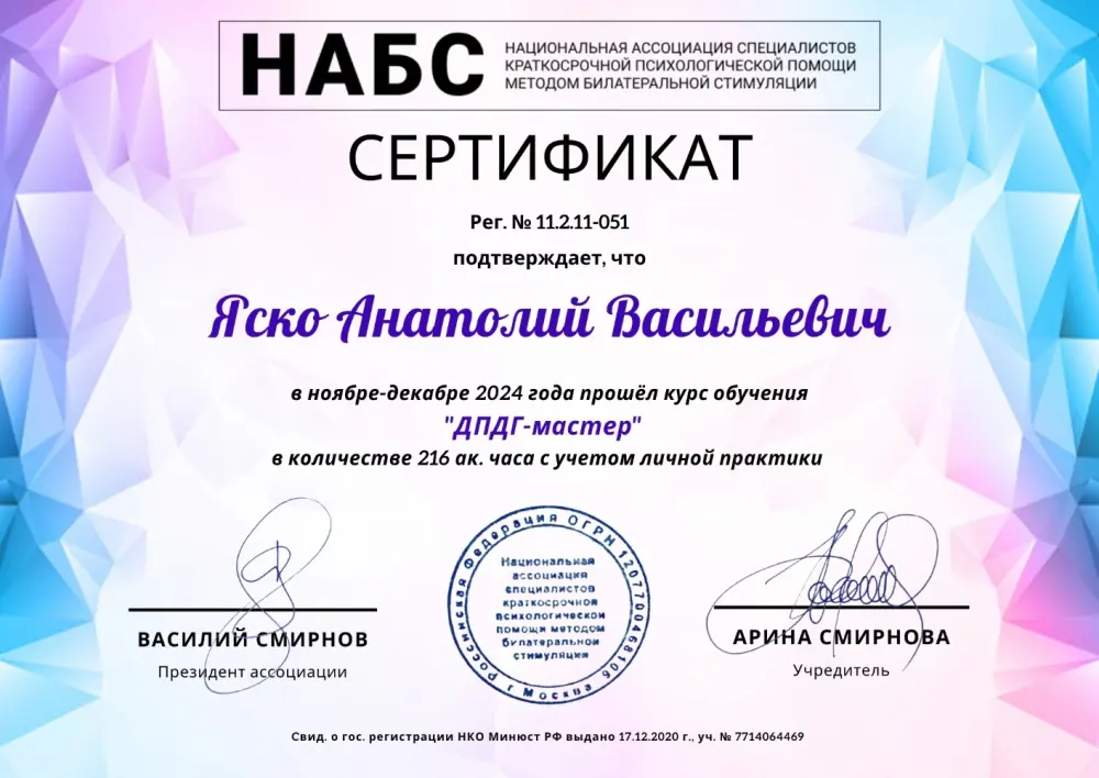 Сертификат НАБС: курс «ДПДГ-мастер», 216 академических часов, 2024
