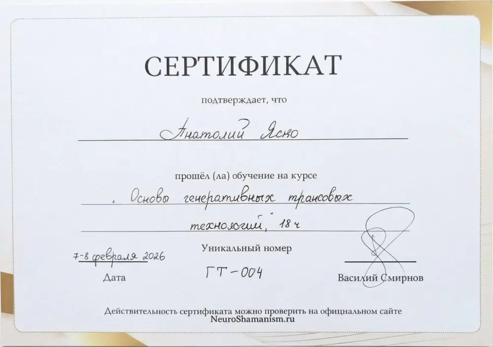 Сертификат: курс «Основы генеративных трансовых технологий», 18 часов, 2026
