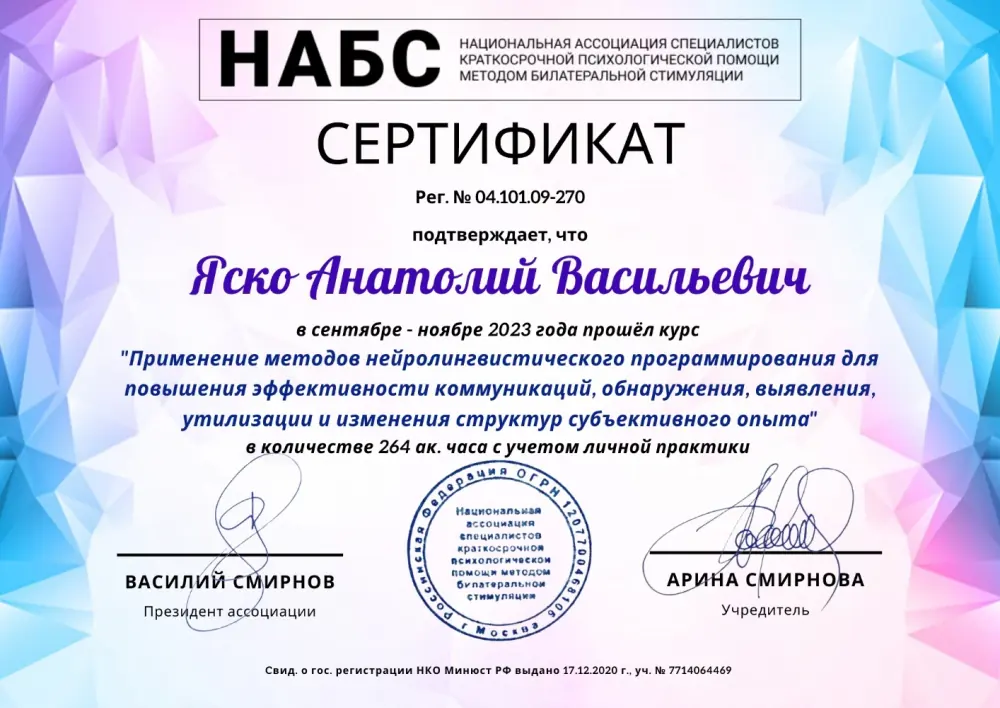 Сертификат НАБС: курс по методам нейролингвистического программирования, 264 академических часа, 2023